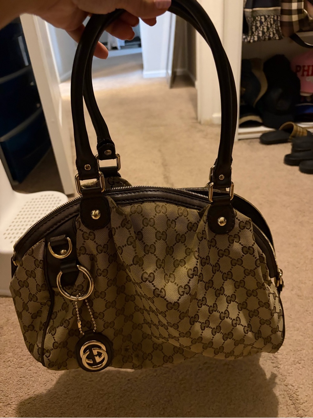 Gucci Beige Monogram Satchel with Dark Brown Trim and Gold Hardware
